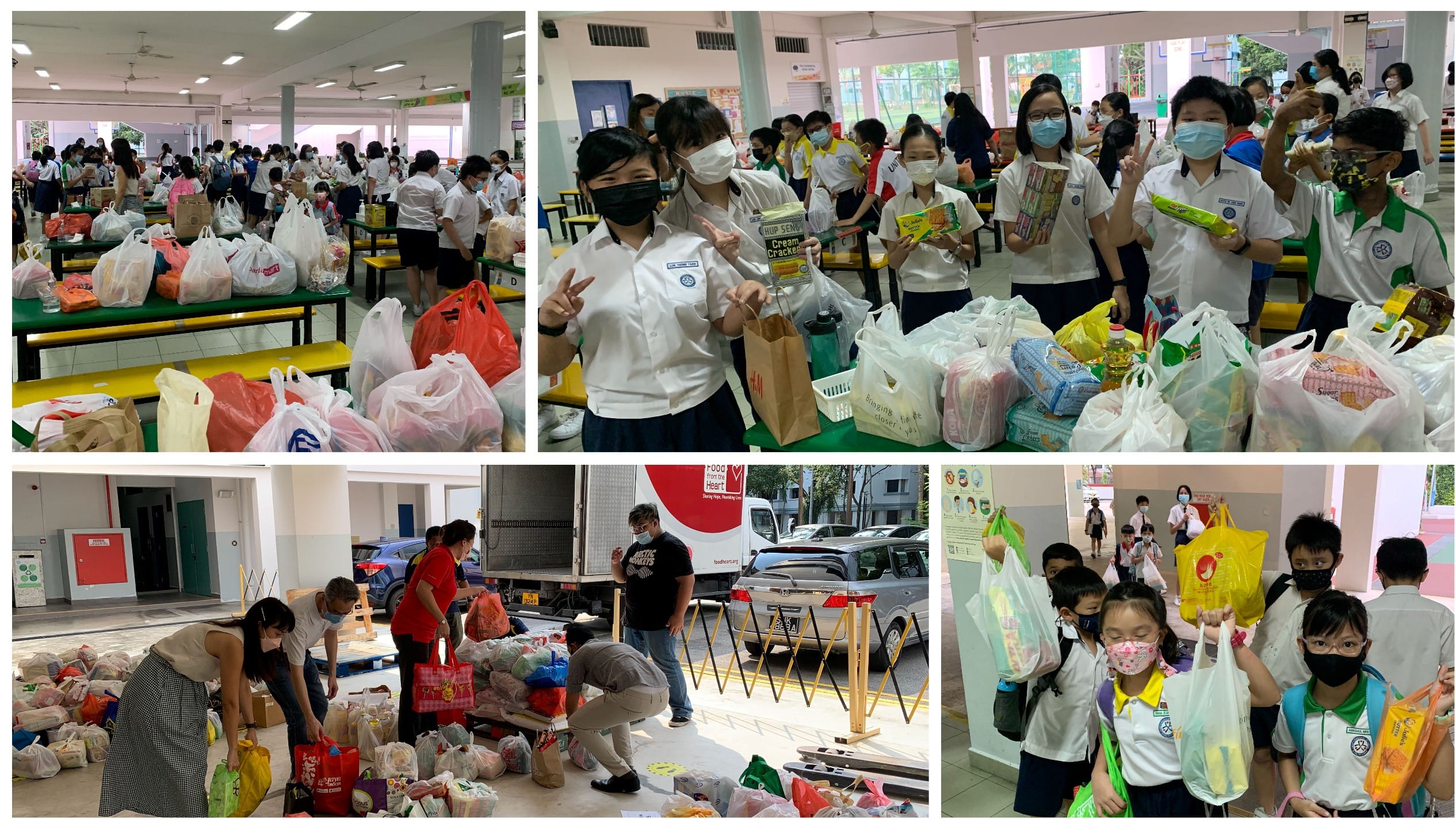 Students in school uniforms and masks collect and sort donated food items in bags during a school charity drive.